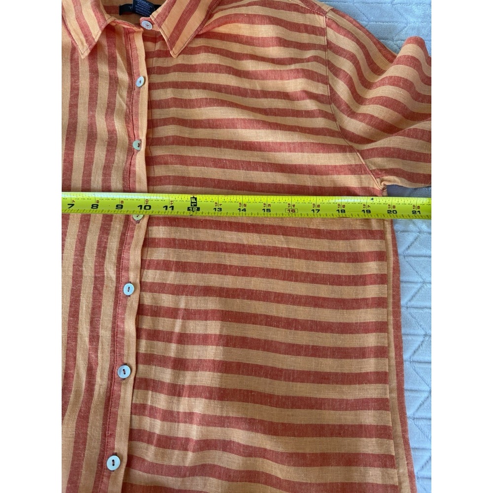 Tahari Linen Blend Striped Long Sleeve Tunic Roll-Tab Orange Medium Boho Chic M - Picture 3 of 8